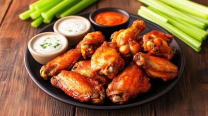 Sticker - Plate of spicy chicken wings with dipping sauces and celery sticks