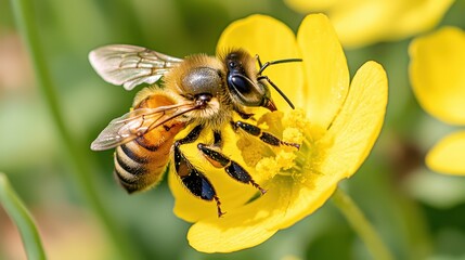 Poster - Honey Bee Pollinating Yellow Flower Close Up Macro Photography