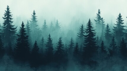 Poster - Misty Forest Landscape with Silhouettes of Pine Trees