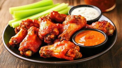 Poster - Plate of spicy chicken wings with dipping sauces and celery sticks