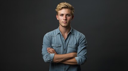 Wall Mural - A Young Man with Blonde Hair and Blue Eyes Posing with Folded Arms