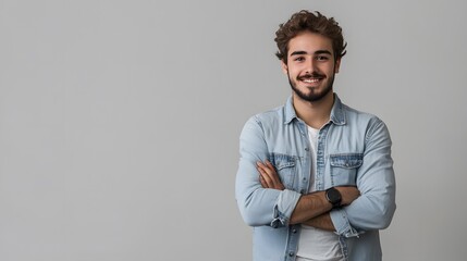 Wall Mural - Portrait of a smiling young man with crossed arms wearing a denim shirt