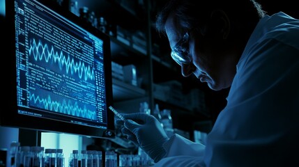 Wall Mural - A scientist in a lab studies DNA sequences displayed on a computer, surrounded by vials and advanced equipment, emphasizing research on aging and genomics