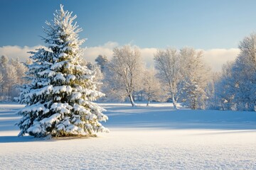 Wall Mural - Snow-covered evergreen tree standing in a peaceful winter landscape with frost-covered trees and a bright blue sky in the background.