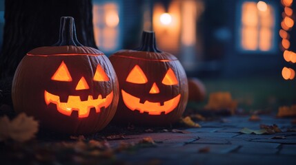 A glowing jack-o-lantern with a classic carved face shines brightly, surrounded by soft bokeh lights and other pumpkins in the background, creating a spooky Halloween scene.