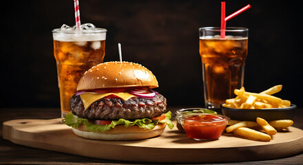 Wall Mural - A delicious gourmet burger with fries and a cold drink on a wooden board