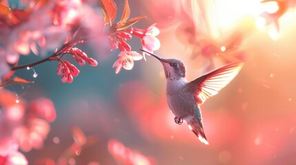 Hummingbird in vibrant floral setting, showcasing intricate details of nature's beauty, bright colors, delicate wings, and the harmony of wildlife and blossoms.