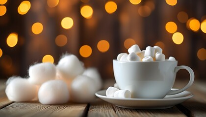 Wall Mural - Cozy scene of a white mug overflowing with marshmallows on a rustic wooden table illuminated by soft bokeh lights