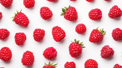 Wall Mural - Fresh Red Raspberries Pattern  White Background