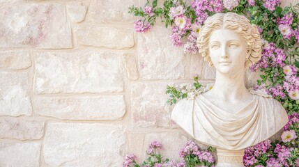 Poster - Stone Bust of Woman with Pink Flowers and Brick Wall Background