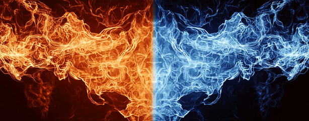 Wall Mural - Fiery Flames and Splashing Water on Black Background - Dynamic Contrast of Opposite Energies - Abstract Concept of Fire and Water Interaction