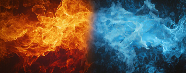 Wall Mural - Fiery Flames and Splashing Water on Black Background - Dynamic Contrast of Opposite Energies - Abstract Concept of Fire and Water Interaction