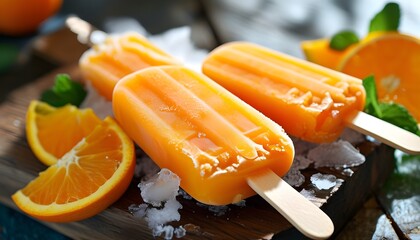 Vibrant frozen orange popsicles basking in sunny warmth