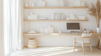 Sticker - Minimalist Home Office Desk with Bookshelves and Natural Light