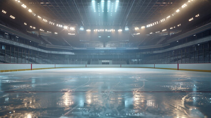 Empty Ice Rink in a Modern Hockey Arena. A wide view of an empty ice rink illuminated by arena lights, showcasing a pristine surface ready for hockey.