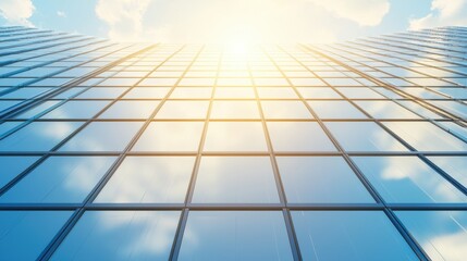 Poster - Modern Glass Facade of a Building with Blue Sky and Sun