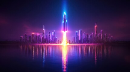 Sticker - Futuristic Cityscape with Rocket Launch at Night