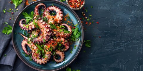 Canvas Print - Octopus cooked with herbs and seasonings on a plate with open space.