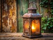 © Arnada - A rusty, ornate lantern with a weathered metal frame and a soft, warm glow emanates from its frosted
