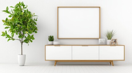 Poster - White Cabinet with Wooden Legs  Empty Frame  and Green Plants in Minimalist Interior