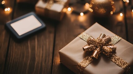 Poster - Gift Box with Gold Bow and Warm Lights on Wooden Background