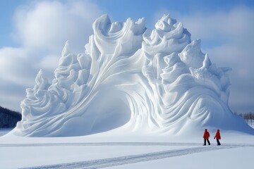 Two individuals explore a stunning, artistic snow formation in a winter wonderland, showcasing the beauty of nature's creations.