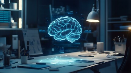 Futuristic Digital Brain Hologram over Desk.