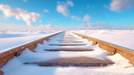 Snow-covered railway tracks lead into a winter landscape under a bright blue sky