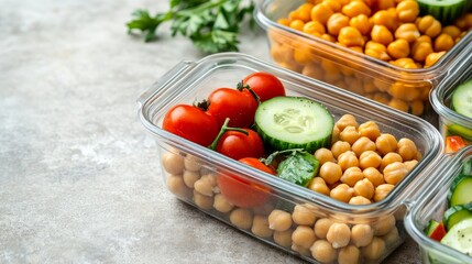 Containers for preparing healthy meals that include avocados, tomatoes, cucumbers, chicken, and chickpeas. A nutritious meal in glass jars with a rustic beige backdrop. idea of zero waste.