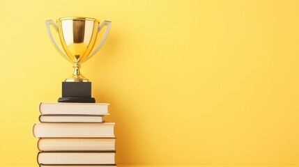 Golden Trophy on Stack of Books Yellow Background