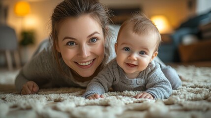 Happy Mother and Baby on Soft Rug