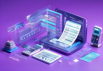 Fototapete - Digital documents created using future world technology. automated invoice and receipt management concept.	