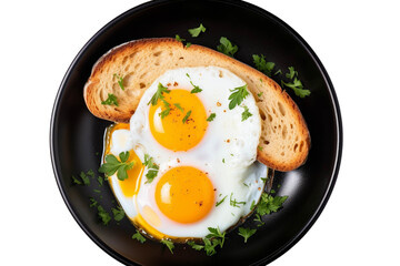 delicious breakfast of sunny side up eggs and toast, garnished with fresh parsley on a black plate f