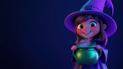 Wall Mural - 3D character close up portrait of a white woman in a witch's apprentice outfit, stirring an invisible cauldron while grinning mischievously, on a dark blue-to-lavender gradient backdrop, copy space