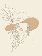 Wall Mural - a minimal single line art of a woman wearing a wide-brimmed hat, with a cascade of leaves flowing from the brim, hand drawn style minimalist line art, beige colors and olive tones, cream-colored