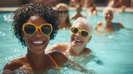 Happy Woman in Yellow Sunglasses Swimming in Pool with Friends