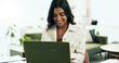 © peopleimages.com - Business woman, happy and laptop in office with public relations work and press release update. Tech, professional and digital information with planning and online review for media research at job