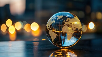 Poster - Illuminated Globe on Table with City Lights in Background