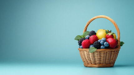 Wall Mural - A wicker basket filled with fresh, assorted berries including raspberries, blackberries, blueberries, and strawberries against a teal background.