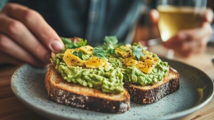 A soft focus image shows a man enjoying a hearty and delectable breakfast in a hip café or restaurant. He is ready to indulge and satisfy his hunger by spreading avocado spread or guacamole over rye b