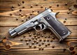 © Arnada - A silver handgun with a black grip lies on a wooden table, surrounded by empty bullet casings and