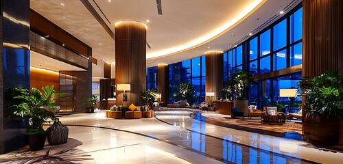 Modern hotel lobby with a stylish design and contemporary interior elements.