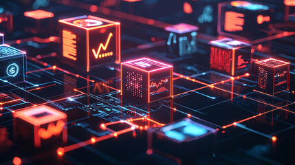 3D-rendered cubes showcasing global financial symbols such as currency exchange, banking, and wealth growth icons, linked by glowing lines on a plain, minimal workspace 