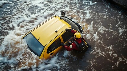 a rescuing scene showing a yellow car submerged in water with a responder preparing for a search ope