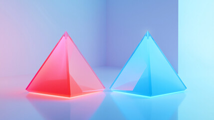 Two interconnected 3D pyramids symbolizing opposing choices, with one glowing blue and the other red, floating in a minimalist environment with soft, pastel hues 