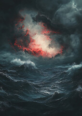 Wall Mural - fantasy art illustration of a dark and stormy ocean with large waves and a glowing red light, perfec
