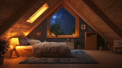 Wall Mural - Cozy attic bedroom with slanted ceilings, wooden beams, soft lighting, and a view of the starry sky through a skylight.