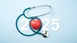 © Deemerwha studio - 2025 Happy New Year for health care.heart health, health insurance concept, new year resolutions goal. yearly health checks and healthy trend. Red heart and stethoscope on blue background