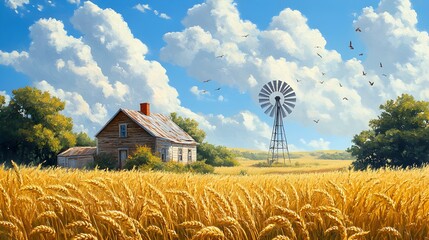 Rustic farmhouse with a windmill, golden wheat swaying in the breeze, birds flying in the clear blue sky, Realism, Matte painting, vibrant earth tones, wide landscape