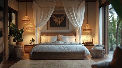 Wall Mural - Tropical modern bedroom with canopy bed and rattan pendant lights